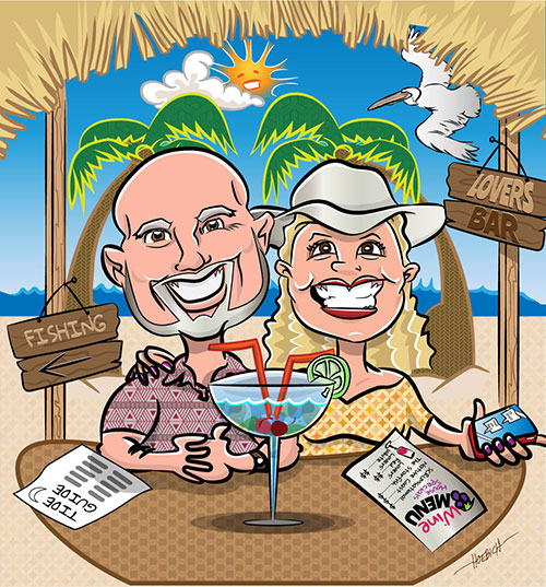 cartoon of a tiki bar vacation couple